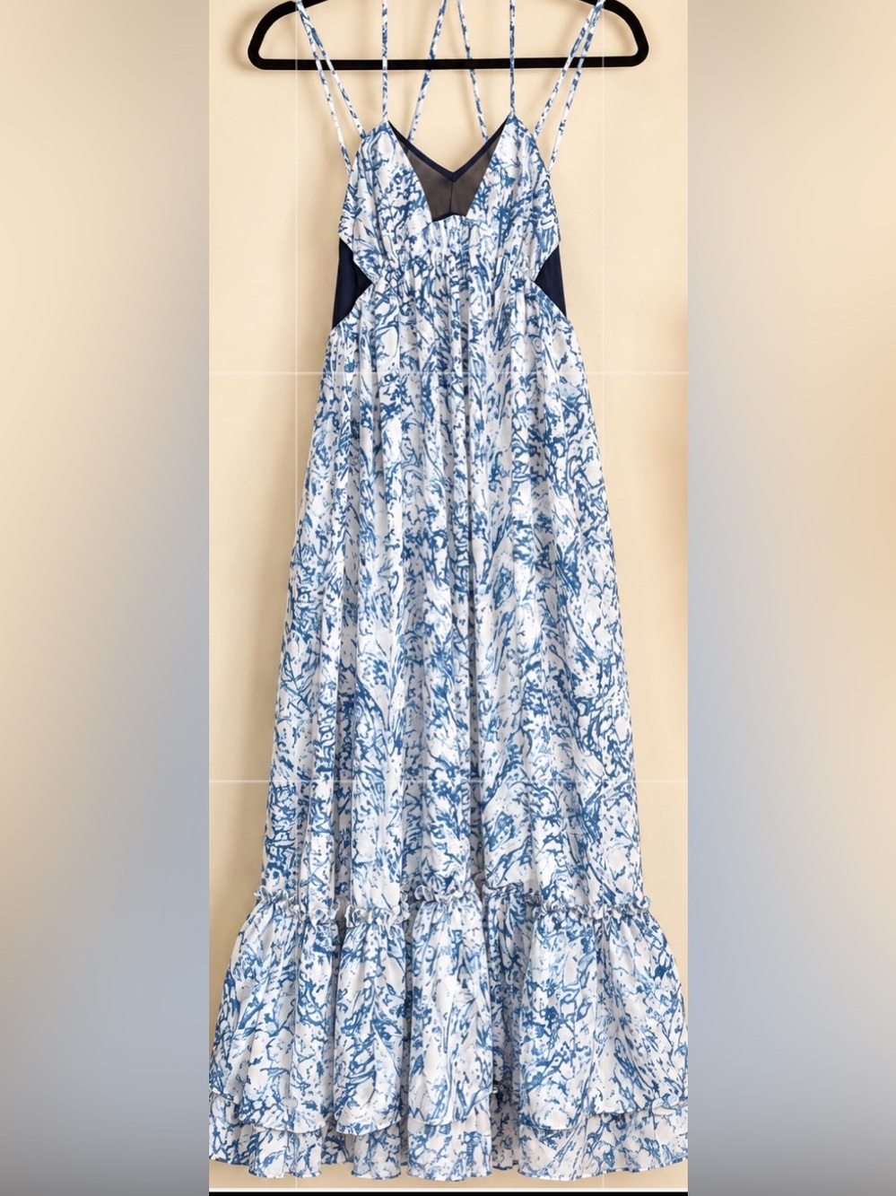 Plastic Island Marble Print Mesh Cutout Strappy Maxi Dress XS